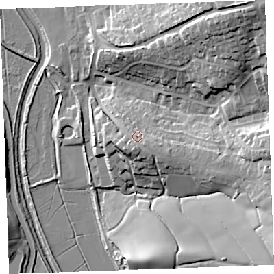 Shaded relief map of the ground around EX238QH, computed from Environment Agency LiDAR. The ground here sits at about 18 m above sea level and falls 37 m across the surrounding 800 m. Surface water reaching this point runs off ground lying to the south-south-west, 4.1 m higher.