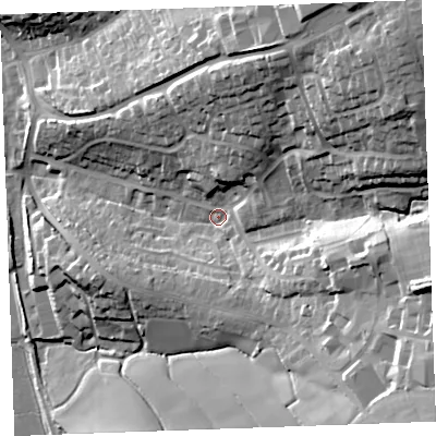 Shaded relief map of the ground around EX238QP, computed from Environment Agency LiDAR. The ground here sits at about 14 m above sea level and falls 44 m across the surrounding 800 m. Surface water reaching this point runs off ground lying to the north-east, 34.1 m higher.