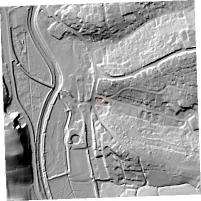 Shaded relief map of the ground around EX238QS, computed from Environment Agency LiDAR. The ground here sits at about 6 m above sea level and falls 35 m across the surrounding 800 m. Surface water reaching this point runs off ground lying to the east-north-east, 32.9 m higher.