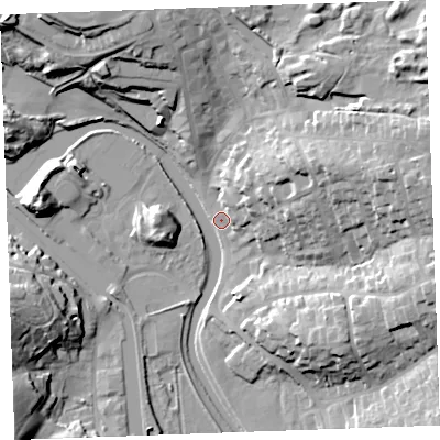 Shaded relief map of the ground around EX238QT, computed from Environment Agency LiDAR. The ground here sits at about 5 m above sea level and falls 30 m across the surrounding 800 m. Surface water reaching this point runs off ground lying to the east, 30.0 m higher.