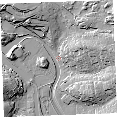 Shaded relief map of the ground around EX238QU, computed from Environment Agency LiDAR. The ground here sits at about 5 m above sea level and falls 30 m across the surrounding 800 m. Surface water reaching this point runs off ground lying to the east, 29.9 m higher.