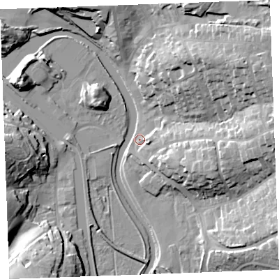Shaded relief map of the ground around EX238RA, computed from Environment Agency LiDAR. The ground here sits at about 6 m above sea level and falls 30 m across the surrounding 800 m. Surface water reaching this point runs off ground lying to the east-north-east, 30.2 m higher.
