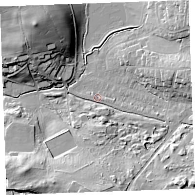 Shaded relief map of the ground around EX238RG, computed from Environment Agency LiDAR. The ground here sits at about 10 m above sea level and falls 32 m across the surrounding 800 m. Surface water reaching this point runs off ground lying to the south-east, 19.9 m higher.