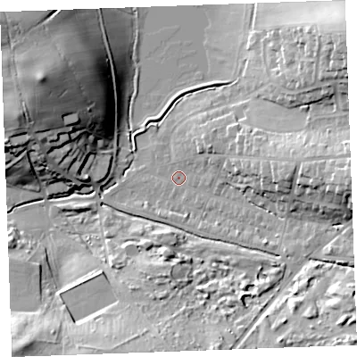 Shaded relief map of the ground around EX238RH, computed from Environment Agency LiDAR. The ground here sits at about 9 m above sea level and falls 29 m across the surrounding 800 m. Surface water reaching this point runs off ground lying to the east, 15.6 m higher.
