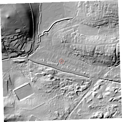 Shaded relief map of the ground around EX238RL, computed from Environment Agency LiDAR. The ground here sits at about 10 m above sea level and falls 29 m across the surrounding 800 m. Surface water reaching this point runs off ground lying to the east-north-east, 16.3 m higher.
