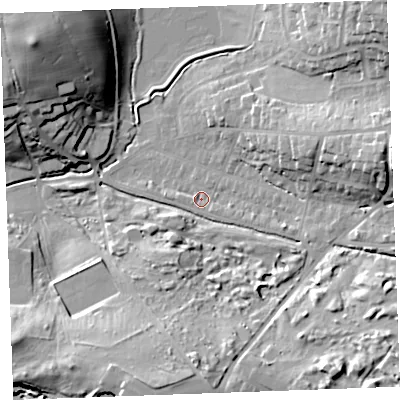 Shaded relief map of the ground around EX238RQ, computed from Environment Agency LiDAR. The ground here sits at about 10 m above sea level and falls 32 m across the surrounding 800 m. Surface water reaching this point runs off ground lying to the east-north-east, 16.0 m higher.