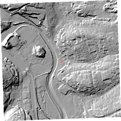 Shaded relief map of the ground around EX238RU, computed from Environment Agency LiDAR. The ground here sits at about 5 m above sea level and falls 34 m across the surrounding 800 m. Surface water reaching this point runs off ground lying to the north-east, 33.8 m higher.