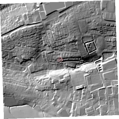 Shaded relief map of the ground around EX238SB, computed from Environment Agency LiDAR. The ground here sits at about 29 m above sea level and falls 43 m across the surrounding 800 m. Surface water reaching this point runs off ground lying to the north-east, 10.2 m higher.