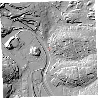 Shaded relief map of the ground around EX238SY, computed from Environment Agency LiDAR. The ground here sits at about 6 m above sea level and falls 30 m across the surrounding 800 m. Surface water reaching this point runs off ground lying to the east, 30.0 m higher.