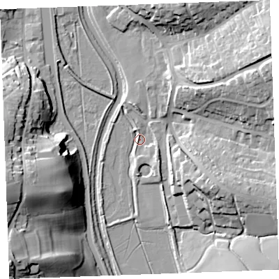Shaded relief map of the ground around EX238TF, computed from Environment Agency LiDAR. The ground here sits at about 6 m above sea level and falls 33 m across the surrounding 800 m. Surface water reaching this point runs off ground lying to the south, 4.1 m higher.