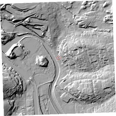 Shaded relief map of the ground around EX238TJ, computed from Environment Agency LiDAR. The ground here sits at about 5 m above sea level and falls 30 m across the surrounding 800 m. Surface water reaching this point runs off ground lying to the east, 29.9 m higher.
