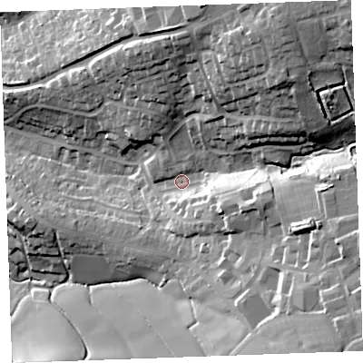 Shaded relief map of the ground around EX238TQ, computed from Environment Agency LiDAR. The ground here sits at about 20 m above sea level and falls 43 m across the surrounding 800 m. Surface water reaching this point runs off ground lying to the north-east, 27.4 m higher.