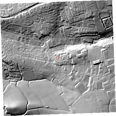 Shaded relief map of the ground around EX238TS, computed from Environment Agency LiDAR. The ground here sits at about 24 m above sea level and falls 43 m across the surrounding 800 m. Surface water reaching this point runs off ground lying to the east, 13.8 m higher.