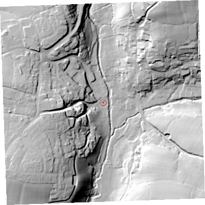 Shaded relief map of the ground around EX239BN, computed from Environment Agency LiDAR. The ground here sits at about 34 m above sea level and falls 46 m across the surrounding 800 m. Surface water reaching this point runs off ground lying to the south-west, 34.5 m higher.