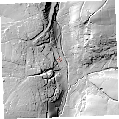 Shaded relief map of the ground around EX239BP, computed from Environment Agency LiDAR. The ground here sits at about 35 m above sea level and falls 51 m across the surrounding 800 m. Surface water reaching this point runs off ground lying to the north-north-west, 29.8 m higher.