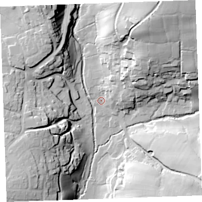 Shaded relief map of the ground around EX239BT, computed from Environment Agency LiDAR. The ground here sits at about 35 m above sea level and falls 53 m across the surrounding 800 m. Surface water reaching this point runs off ground lying to the north-east, 24.9 m higher.