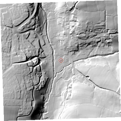 Shaded relief map of the ground around EX239BU, computed from Environment Agency LiDAR. The ground here sits at about 34 m above sea level and falls 47 m across the surrounding 800 m. Surface water reaching this point runs off ground lying to the north-north-east, 5.5 m higher.