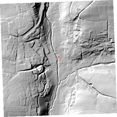 Shaded relief map of the ground around EX239BW, computed from Environment Agency LiDAR. The ground here sits at about 34 m above sea level and falls 51 m across the surrounding 800 m. Surface water reaching this point runs off ground lying to the north-east, 45.9 m higher.