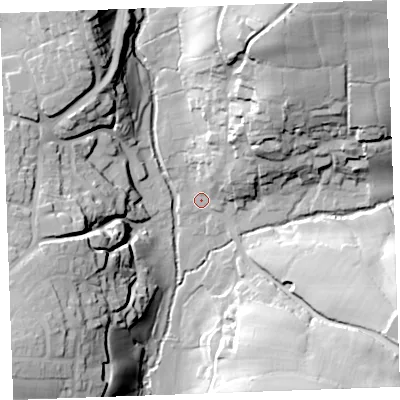Shaded relief map of the ground around EX239BX, computed from Environment Agency LiDAR. The ground here sits at about 35 m above sea level and falls 52 m across the surrounding 800 m. Surface water reaching this point runs off ground lying to the north-east, 24.9 m higher.