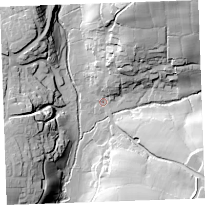 Shaded relief map of the ground around EX239BY, computed from Environment Agency LiDAR. The ground here sits at about 35 m above sea level and falls 50 m across the surrounding 800 m. Surface water reaching this point runs off ground lying to the north-east, 45.8 m higher.