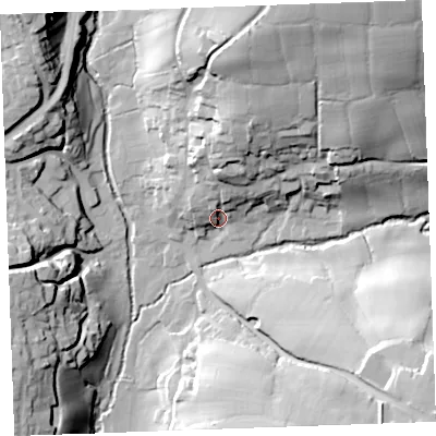 Shaded relief map of the ground around EX239DR, computed from Environment Agency LiDAR. The ground here sits at about 39 m above sea level and falls 53 m across the surrounding 800 m. Surface water reaching this point runs off ground lying to the north, 17.1 m higher.