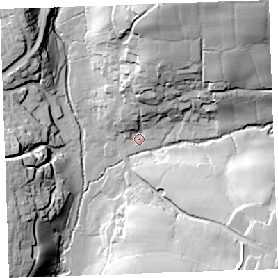 Shaded relief map of the ground around EX239DS, computed from Environment Agency LiDAR. The ground here sits at about 35 m above sea level and falls 50 m across the surrounding 800 m. Surface water reaching this point runs off ground lying to the north, 17.9 m higher.