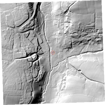 Shaded relief map of the ground around EX239DU, computed from Environment Agency LiDAR. The ground here sits at about 34 m above sea level and falls 49 m across the surrounding 800 m. Surface water reaching this point runs off ground lying to the north-north-east, 43.4 m higher.