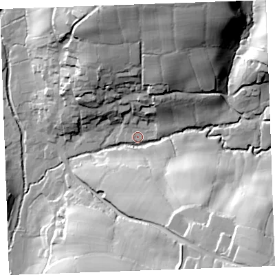 Shaded relief map of the ground around EX239DZ, computed from Environment Agency LiDAR. The ground here sits at about 37 m above sea level and falls 53 m across the surrounding 800 m. Surface water reaching this point runs off ground lying to the south-east, 47.1 m higher.