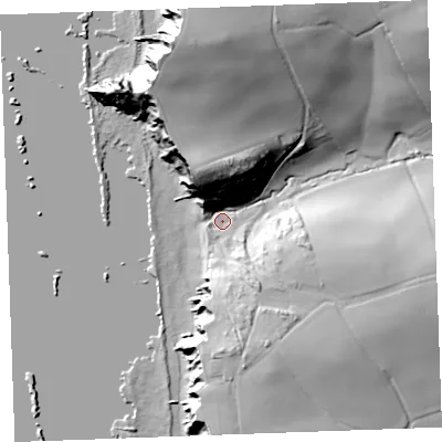 Shaded relief map of the ground around EX239ED, computed from Environment Agency LiDAR. The ground here sits at about 7 m above sea level and falls 50 m across the surrounding 800 m. Surface water reaching this point runs off ground lying to the north-north-west, 45.1 m higher.