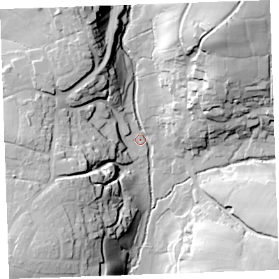 Shaded relief map of the ground around EX239FD, computed from Environment Agency LiDAR. The ground here sits at about 35 m above sea level and falls 52 m across the surrounding 800 m. Surface water reaching this point runs off ground lying to the north-east, 47.7 m higher.