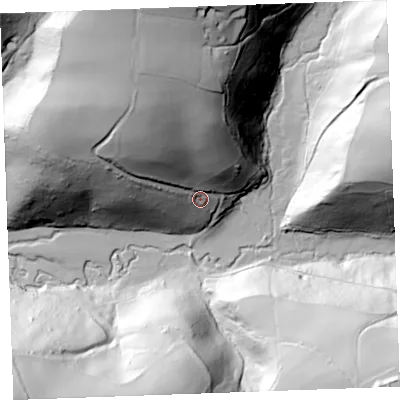 Shaded relief map of the ground around EX239JN, computed from Environment Agency LiDAR. The ground here sits at about 40 m above sea level and falls 97 m across the surrounding 800 m. Surface water reaching this point runs off ground lying to the north-north-west, 69.1 m higher.