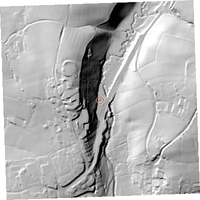 Shaded relief map of the ground around EX239JY, computed from Environment Agency LiDAR. The ground here sits at about 44 m above sea level and falls 55 m across the surrounding 800 m. Surface water reaching this point runs off ground lying to the north-west, 48.7 m higher.