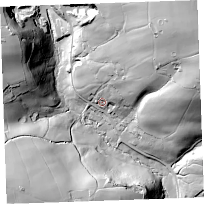 Shaded relief map of the ground around EX239LE, computed from Environment Agency LiDAR. The ground here sits at about 82 m above sea level and falls 97 m across the surrounding 800 m. Surface water reaching this point runs off ground lying to the north-east, 32.9 m higher.