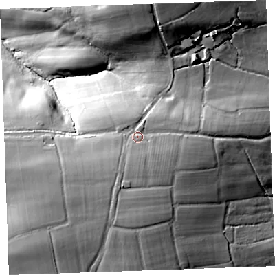 Shaded relief map of the ground around EX239LG, computed from Environment Agency LiDAR. The ground here sits at about 151 m above sea level and falls 40 m across the surrounding 800 m. Surface water reaching this point runs off ground lying to the south-south-west, 3.8 m higher.