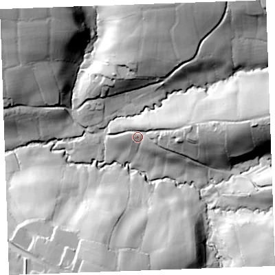 Shaded relief map of the ground around EX239NF, computed from Environment Agency LiDAR. The ground here sits at about 53 m above sea level and falls 56 m across the surrounding 800 m. Surface water reaching this point runs off ground lying to the east, 18.2 m higher.