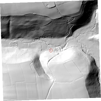 Shaded relief map of the ground around EX239PQ, computed from Environment Agency LiDAR. The ground here sits at about 64 m above sea level and falls 105 m across the surrounding 800 m. Surface water reaching this point runs off ground lying to the south-south-west, 38.0 m higher.