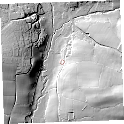 Shaded relief map of the ground around EX239TF, computed from Environment Agency LiDAR. The ground here sits at about 37 m above sea level and falls 57 m across the surrounding 800 m. Surface water reaching this point runs off ground lying to the south-east, 45.1 m higher.
