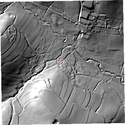 Shaded relief map of the ground around EX246DF, computed from Environment Agency LiDAR. The ground here sits at about 83 m above sea level and falls 50 m across the surrounding 800 m. Surface water reaching this point runs off ground lying to the south-south-west, 17.7 m higher.