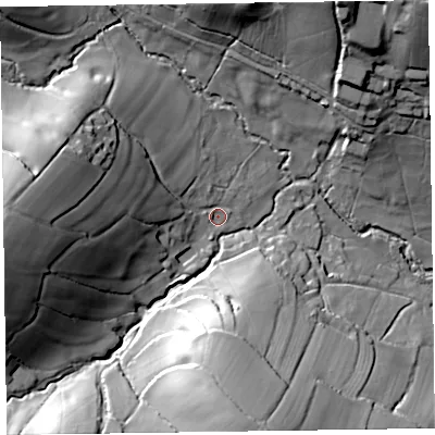 Shaded relief map of the ground around EX246DG, computed from Environment Agency LiDAR. The ground here sits at about 84 m above sea level and falls 47 m across the surrounding 800 m. Surface water reaching this point runs off ground lying to the west, 35.2 m higher.