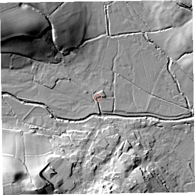 Shaded relief map of the ground around EX246DS, computed from Environment Agency LiDAR. The ground here sits at about 16 m above sea level and falls 40 m across the surrounding 800 m. Surface water reaching this point runs off ground lying to the north-west, 29.5 m higher.
