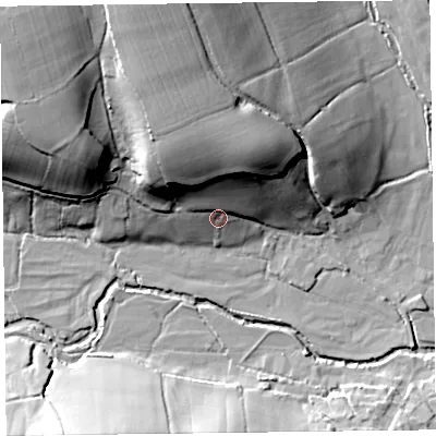 Shaded relief map of the ground around EX246DT, computed from Environment Agency LiDAR. The ground here sits at about 23 m above sea level and falls 37 m across the surrounding 800 m. Surface water reaching this point runs off ground lying to the north-north-west, 27.8 m higher.