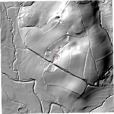 Shaded relief map of the ground around EX246DU, computed from Environment Agency LiDAR. The ground here sits at about 54 m above sea level and falls 69 m across the surrounding 800 m. Surface water reaching this point runs off ground lying to the east, 21.9 m higher.