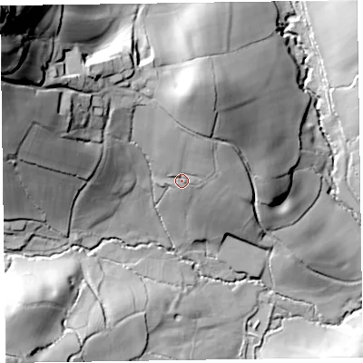 Shaded relief map of the ground around EX246EF, computed from Environment Agency LiDAR. The ground here sits at about 119 m above sea level and falls 107 m across the surrounding 800 m. Surface water reaching this point runs off ground lying to the north, 22.1 m higher.
