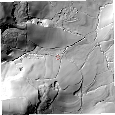Shaded relief map of the ground around EX246EH, computed from Environment Agency LiDAR. The ground here sits at about 133 m above sea level and falls 125 m across the surrounding 800 m. Surface water reaching this point runs off ground lying to the south-west, 97.5 m higher.