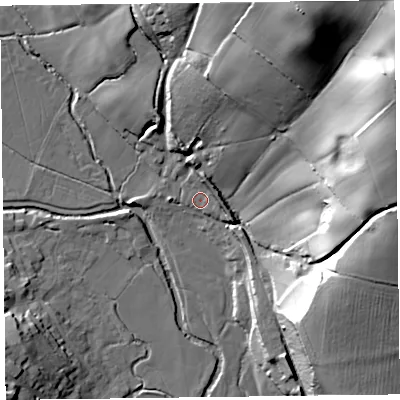 Shaded relief map of the ground around EX246EY, computed from Environment Agency LiDAR. The ground here sits at about 15 m above sea level and falls 56 m across the surrounding 800 m. Surface water reaching this point runs off ground lying to the north, 6.6 m higher.