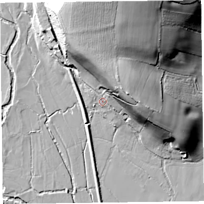 Shaded relief map of the ground around EX246HD, computed from Environment Agency LiDAR. The ground here sits at about 12 m above sea level and falls 40 m across the surrounding 800 m. Surface water reaching this point runs off ground lying to the north-north-east, 24.1 m higher.
