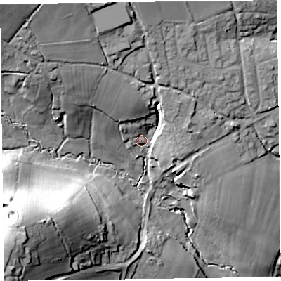 Shaded relief map of the ground around EX246HF, computed from Environment Agency LiDAR. The ground here sits at about 26 m above sea level and falls 52 m across the surrounding 800 m. Surface water reaching this point runs off ground lying to the north-west, 24.9 m higher.