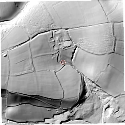 Shaded relief map of the ground around EX246HS, computed from Environment Agency LiDAR. The ground here sits at about 81 m above sea level and falls 92 m across the surrounding 800 m. Surface water reaching this point runs off ground lying to the west, 55.3 m higher.