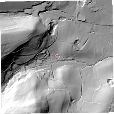 Shaded relief map of the ground around EX246HW, computed from Environment Agency LiDAR. The ground here sits at about 41 m above sea level and falls 95 m across the surrounding 800 m. Surface water reaching this point runs off ground lying to the south-south-west, 81.9 m higher.