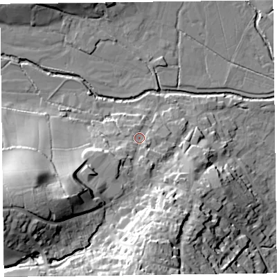 Shaded relief map of the ground around EX246LF, computed from Environment Agency LiDAR. The ground here sits at about 21 m above sea level and falls 43 m across the surrounding 800 m. Surface water reaching this point runs off ground lying to the south-west, 15.6 m higher.